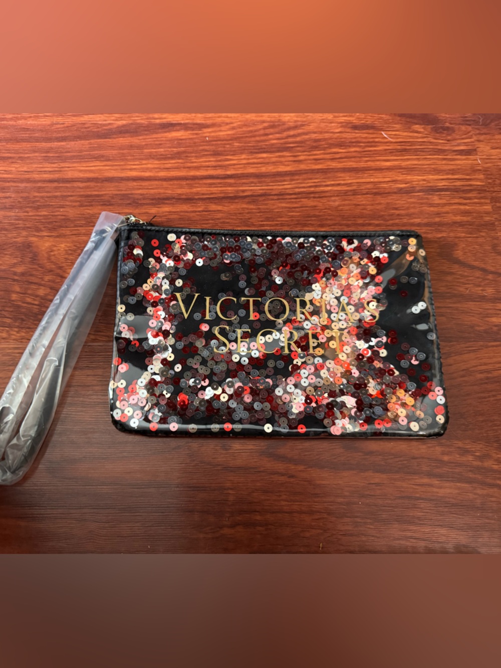 Victoria's Secret Black Sequin Wristlet with Red & Silver Accents